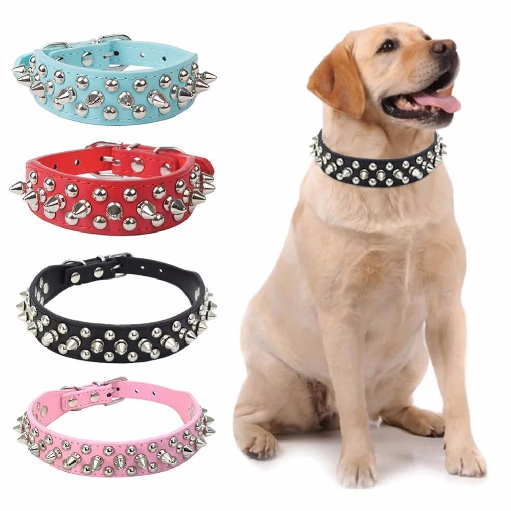Pet Dog Rivet Collars PU Leather Round Bullet Nail Studded Necklace Spiked Strap Punk Style Small Dogs Cat Collar 6 Colors