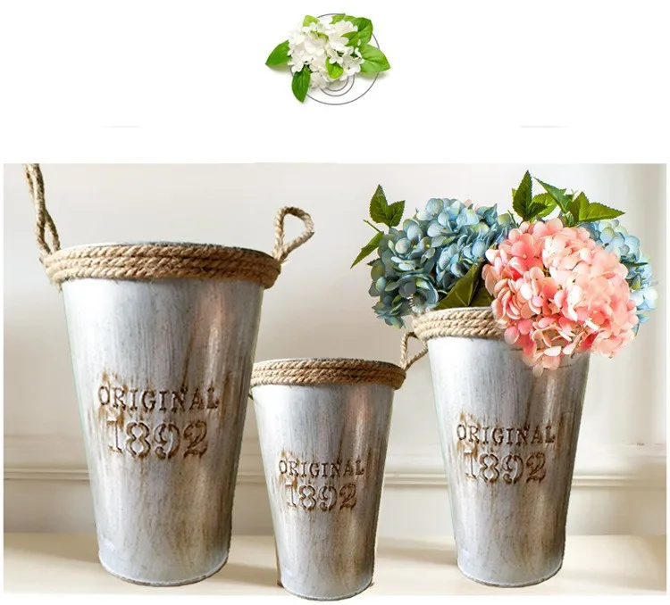 

1PC New Flower Barrels Basket Vases Tin Pots Vintage Artificial Pastoral Style Metal Craft for Storage Home Garden Decor MK 008
