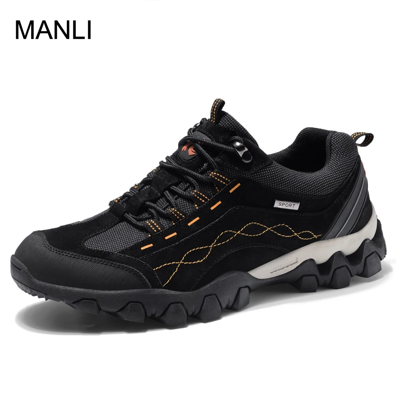 MANLI New Outdoor Leather Hiking Shoes For Men Shock Absorption Anti-skid Wear-resistant Camping Walking Trekking Sneaker | Спорт и