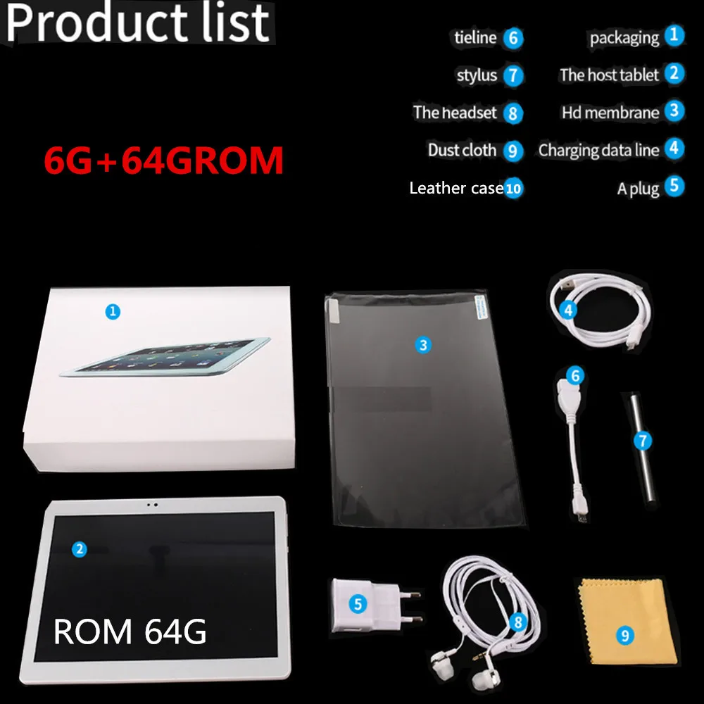 64G ROM Планшетный ПК 10 дюймов Octa Core 6 ГБ Оперативная память 64 Гб Встроенная память Android 9,0 Wi-Fi, Bluetooth, Dual SIM карты 3g 4G планшеты LTE 10,1 - Комплект: 64G ROM