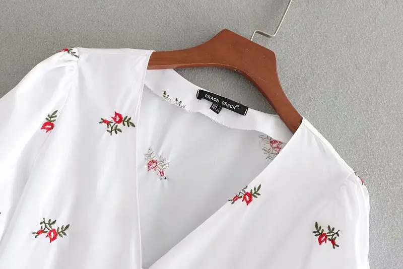 2019 Новая женская Милая Цветочная вышивка белая блузка рубашка Женская фонарь