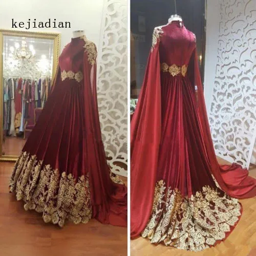 

Арабское свадебное платье с длинным рукавом, красное Золотое кружевное мусульманское свадебное платье, арабское бархатное бальное платье, ...