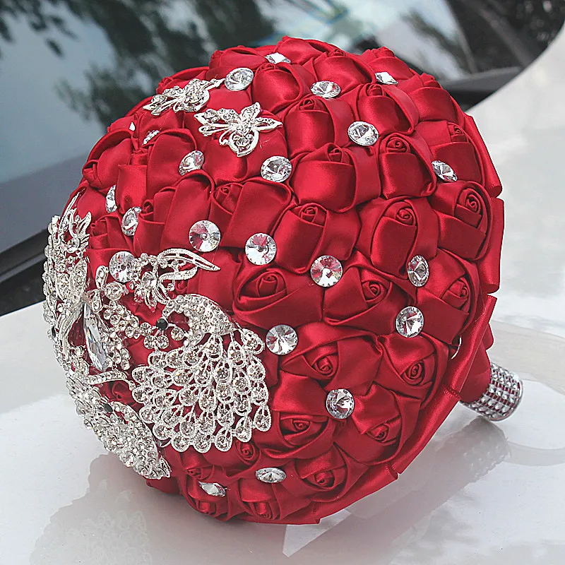 

JaneVini Romantic Red Satin Rose Wedding Flowers Bridal Bouquets Beaded Crystal Ribbon Handle Wedding Accessories Blumenstrauss