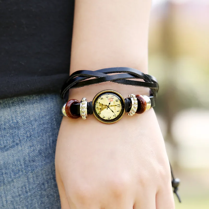 Vintage Female Bracelets Wooden Beads Wrap Handmade Effel Towl Watch Face Charm Wristband Women's Leather Jewelry 3PCs - купить по
