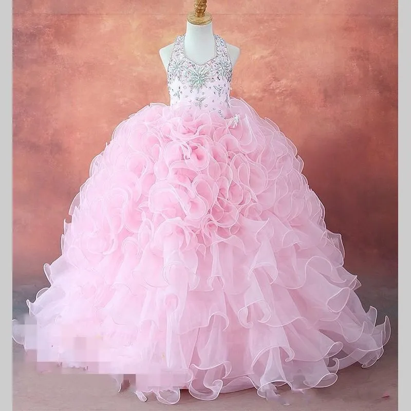2017 Принцесса Оборками Многоуровневое Розовый Девушки Pageant Платья Бальное платье
