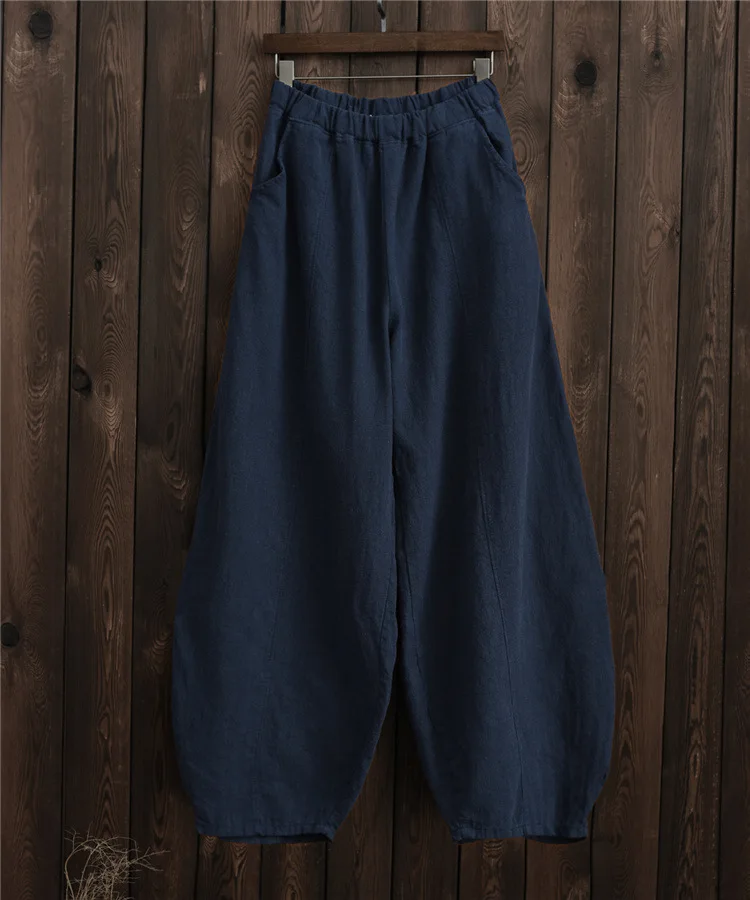 Navy blue Johnature, Осенние однотонные свободные штаны с карманами, новинка, женские винтажные штаны с эластичной резинкой на талии из хлопка и льна, широкие штаны полной длины - Цвет: Navy blue