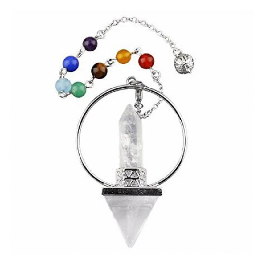 

100-Unique 1 Pcs Exclusive Design Silver Plated Natural Rock Crystal Pyramid With 7 Colors Stone Beads Chain Chakra Pendant