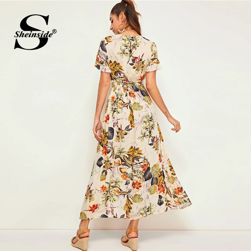 Sheinside Boho тропический принт рубашка платье для женщин Лето короткий рукав эластичный шнурок на талии платья женское плиссированное платье