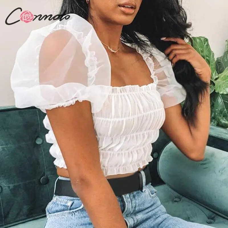 Conmoto Short Sexy White Blouse Mesh Women Crop Top Shirt Puff Sleeve Shirts Winter 2019 Casual Blusa Mujer |