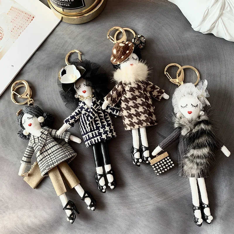 customerized mink fur lady girl key chain creative person shape handbag pendant mobile phone fur doll decor DIY ornament