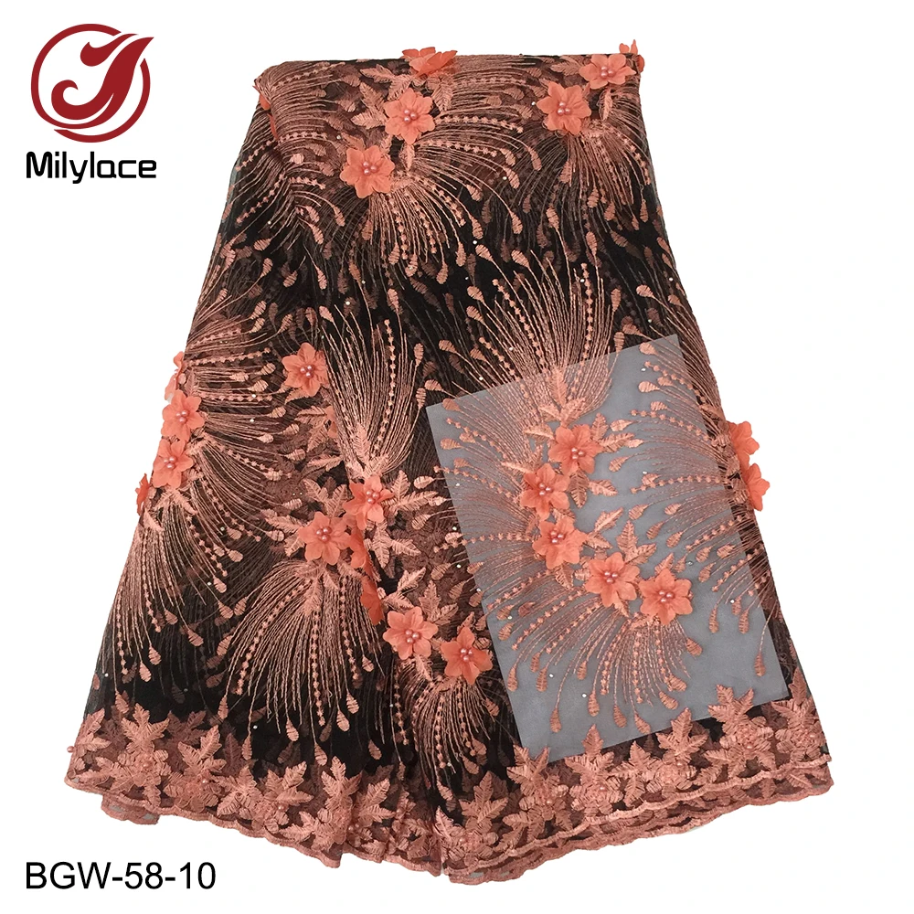 

Milylace 2019 African lace fabric 5 yards embroidery tulle lace fabric with beaded flower and stones for party wedding BGW-58