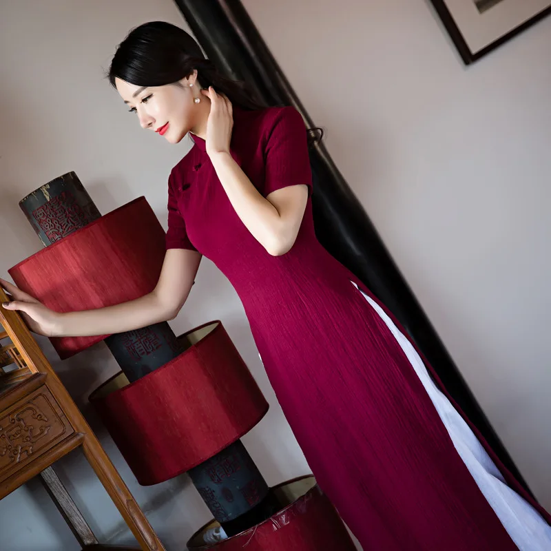 Традиционное платье Ципао Aodai из Вьетнама длинное хлопка и льна в китайском стиле