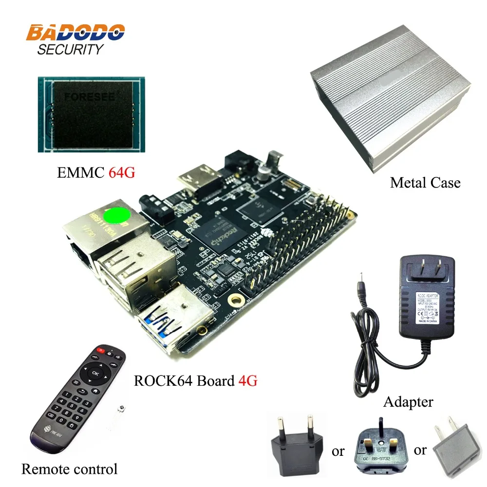 ROCK64 PINE64 HDR Android Linux Debian Media development Board + 1GB/2GB/4GB LPDDR3 16/32/64GB EMMC металлический корпус 5V 3A AC