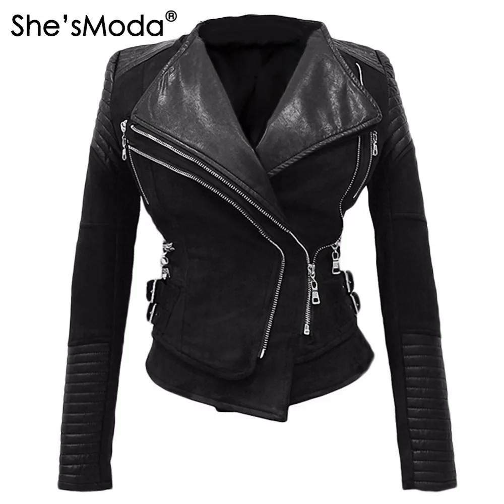Женская кожаная куртка She'sModa черная облегающая байкерская на двойной молнии с