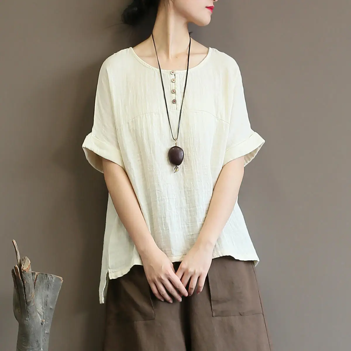 Johnature New Vintage Solid Color T-Shirts 2021 O-Neck Half Batwing Sleeve Patchwork Button Summer Women Casual | Женская одежда