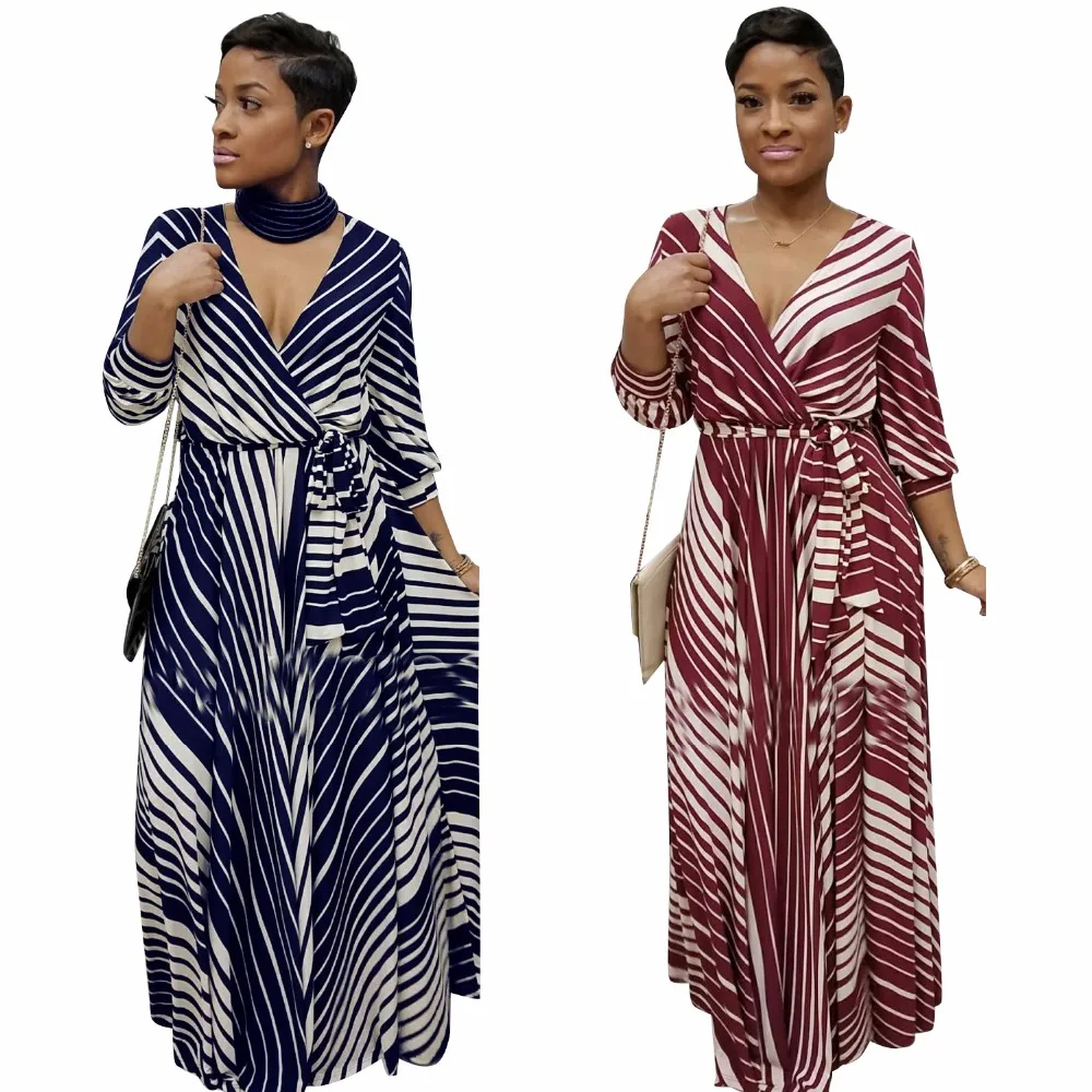 

2019 Summer maxi dress Women plus size Loose Striped Print Dresses