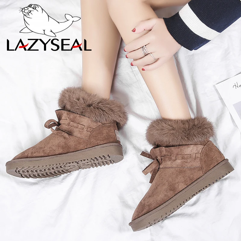 LazySeal обувь года; женские замшевые зимние ботинки с натуральным кроличьим мехом; женские Теплые ботильоны на платформе с плюшевой подкладкой со складками