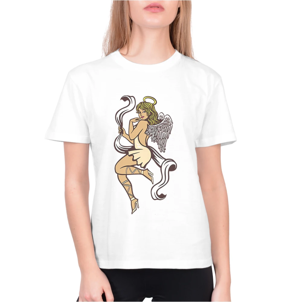 

2019 Summer Tops Women Angel T Shirt Camisetas Mujer Fashion Ladies O-Neck Short Sleeve Tees Tops White High Quality T-Shirts