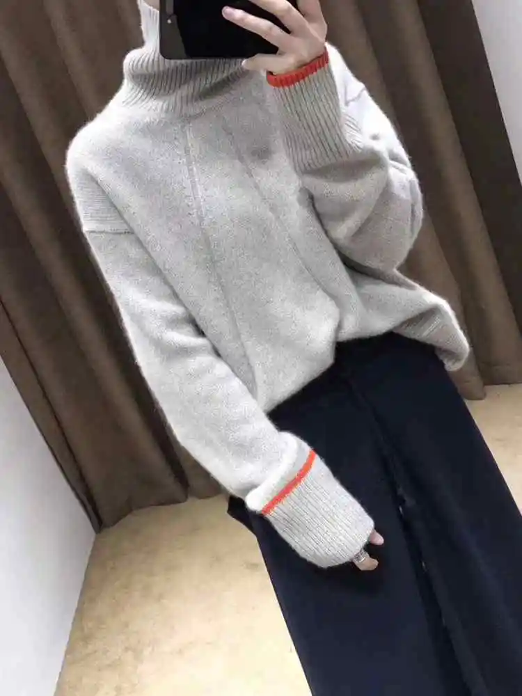 light gray Кашемировый свитер женский осенний и зимний Llazy свободная короткая пуловер с высоким воротником утепленный джемпер - Цвет: light gray