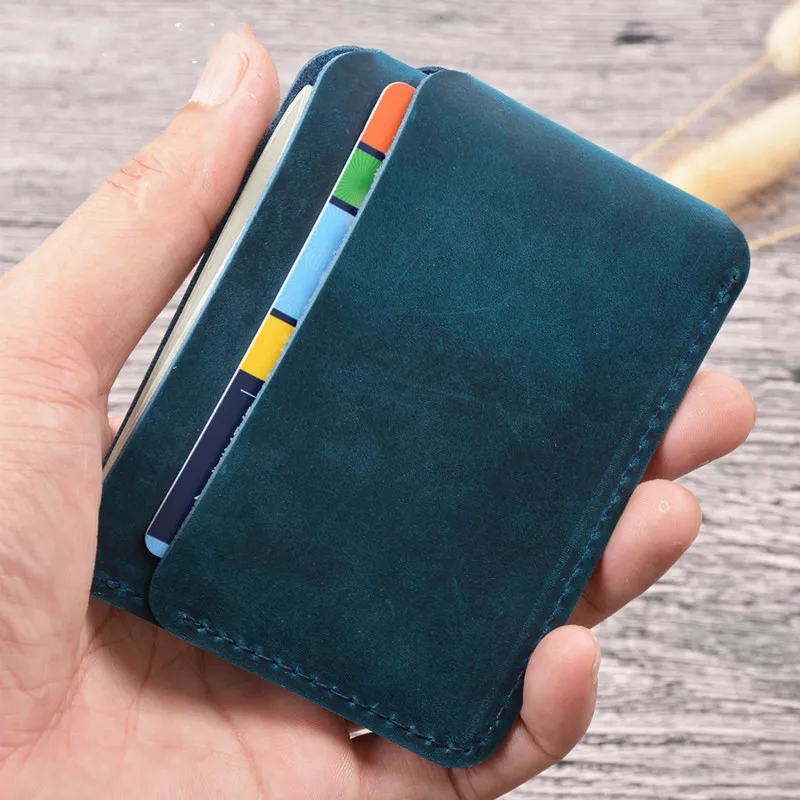 

Crazy Horse Real Cowhide Genuine Leather Retro Casual Slim Portable Front Pocket Wallet Business Credit Card Holder Handmade