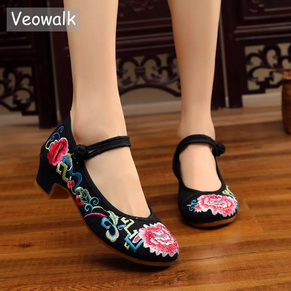 

Veowalk Rhinestones Embroidered Women Low Block Heel Canvas Pumps Shoes Ankle Strap Elegant Ladies Comfort Chinese Cotton Shoes