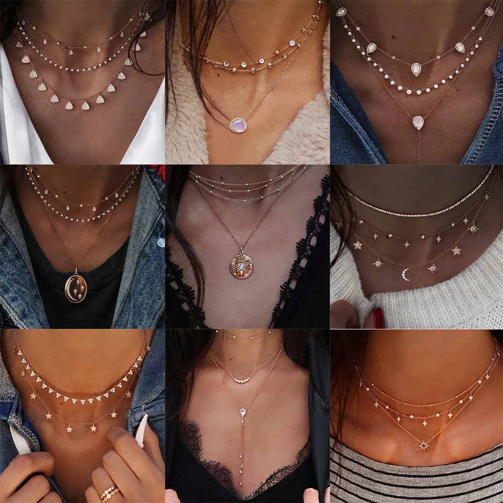 Женское богемное ожерелье с кристаллами многослойное золотистого/серебристого