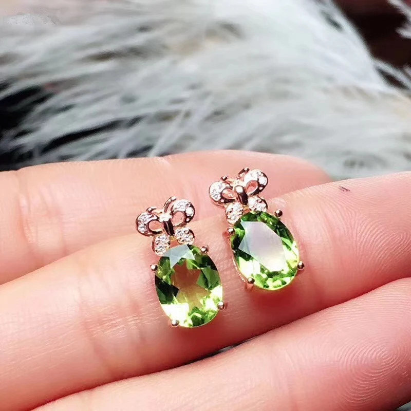 Natural Peridot Jewelry sets for Women Heart Butterfly Genuine stone Necklace/Ring/Stud Earrings fine gift S925 #113 | Украшения и