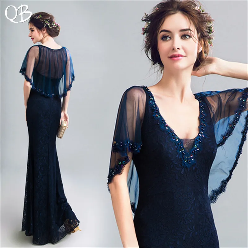 

Navy Blue Mermaid V-neck Tulle Lace Beading Sexy Simple Evening Dresses 2020 New Fashion Bride Party Prom Dress XH164