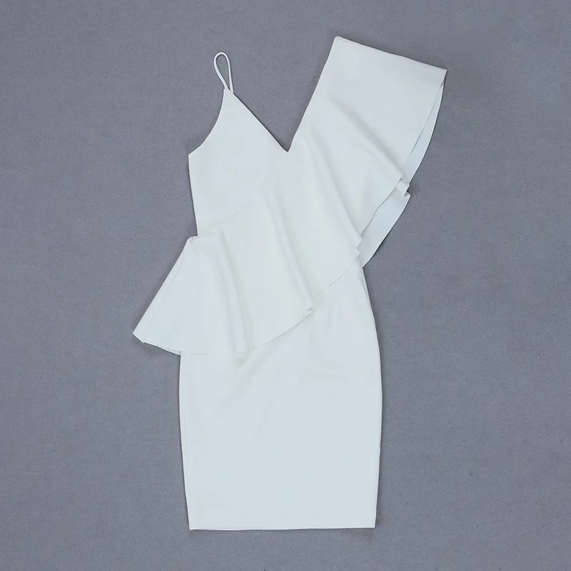 

Elegant New Fashion Ruffles Design White Nylon Spaghetti Strap Dress Sexy Backless V Neck Women Celebrity Party Dress Wholesale