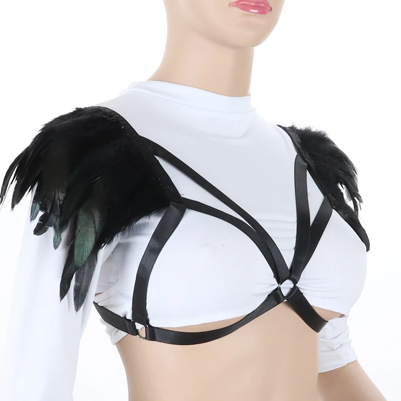Black Sexy Body Harness for Women Feather Epaulettes Lingerie Cage Bra Bondage Tops Goth Angel Wings Party Dance Festival Rave | Женская
