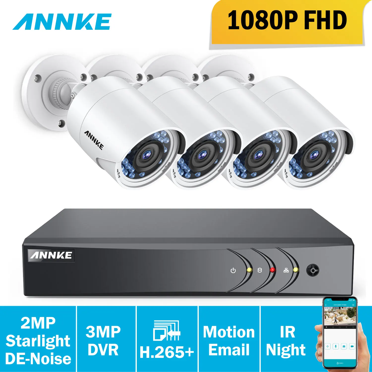 ANNKE 8CH 3MP HD TVI CVI AHD IP 5в1 H.264 + DVR 4 шт. 2MP 1080 P Водонепроницаемая камера умная ИК система