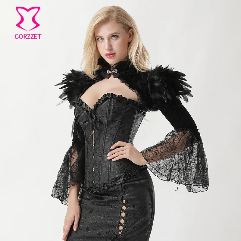 Женский бархатный корсет с перьями черная винтажная куртка в викторианском