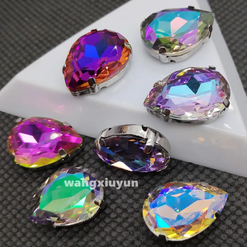 Top K9 Glass Sew On Stone k9 GLASS Crystals Teardrop Fancy with Metal Claw Setting 10x14 13x18mm Pear Sewing Rhinestone | Дом и сад