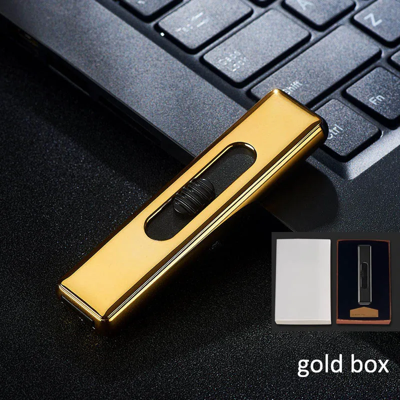 Цинковый сплав электронная USB Зажигалка перезаряжаемая WilndProof для мужчин подарок для курения гаджеты нажимать зажигать сигарету зажигалки беспламенные - Цвет: gold box