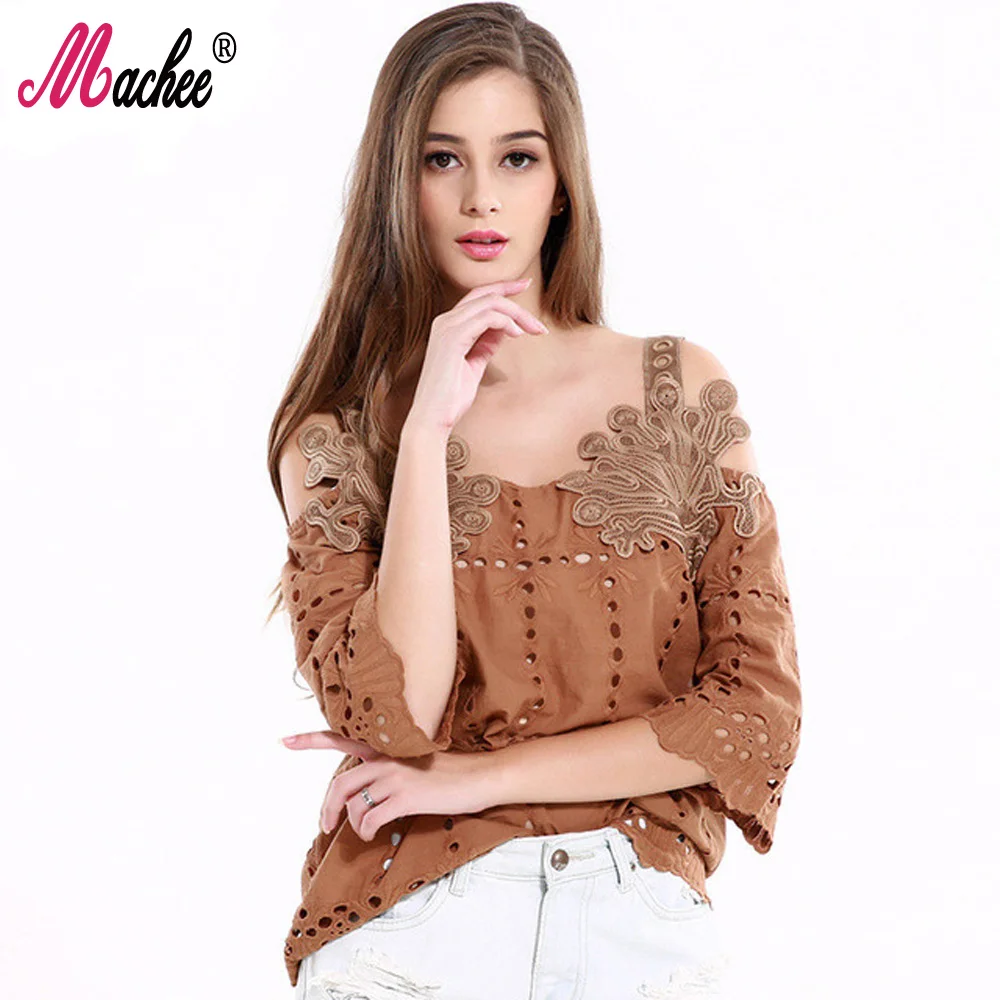 

Brand New Girl Blouse Floral Hollow Out Off Shoulder Spaghetti Strap Short Blusa Loose Plus XL 2XL Casual Women Shirts Tops