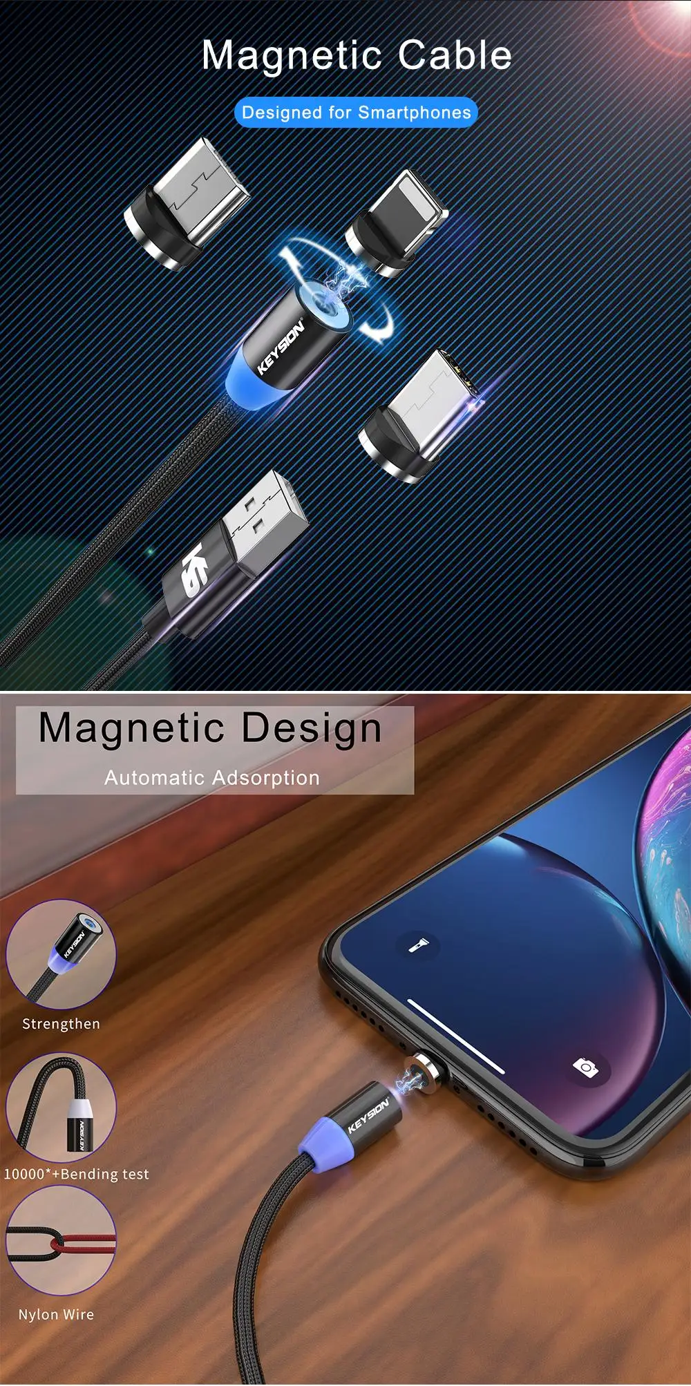 KEYSION type-C светодиодный магнитный кабель для Xiaomi mi 9T Pro mi 9 SE Red mi K20 Note 7 Pro 1m 2m 2A кабель для быстрой зарядки type-C для Poco F1