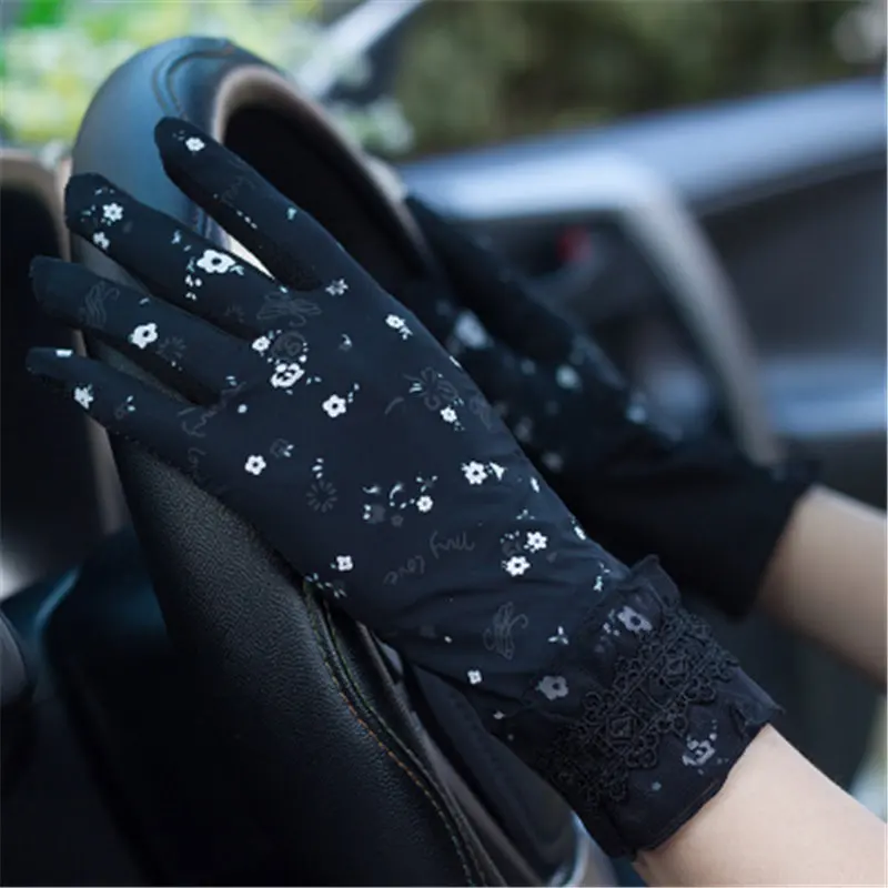 lace black Летние ледяные шелковые солнцезащитные перчатки женские короткие Стильные цветочные маленькие свежие Нескользящие дышащие женские перчатки для вождения FS26 - Цвет: lace black