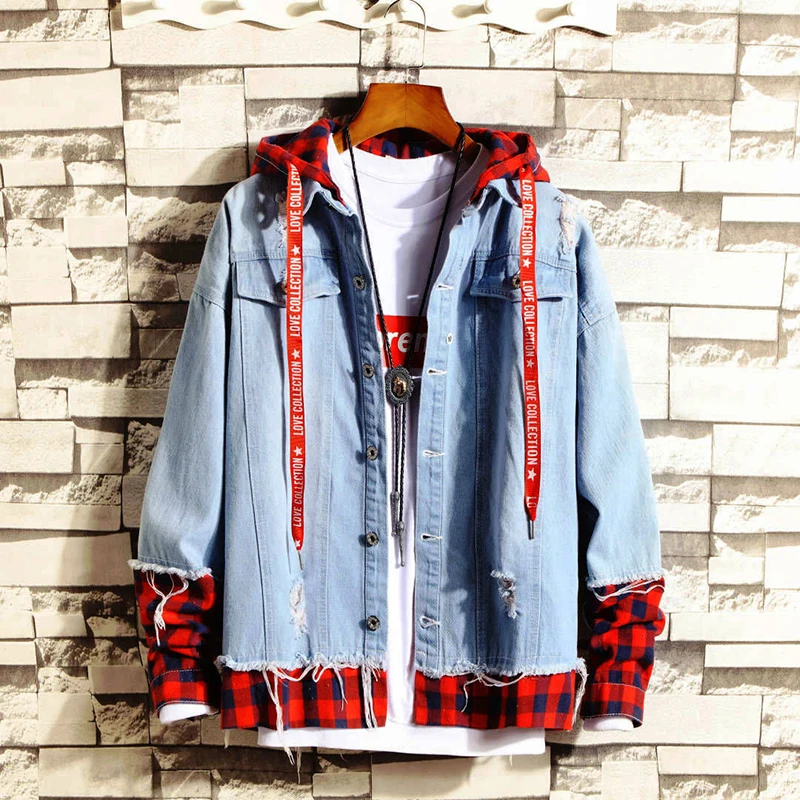 Весенняя джинсовая куртка с капюшоном Для мужчин поддельные Двойка Streetwear Японии