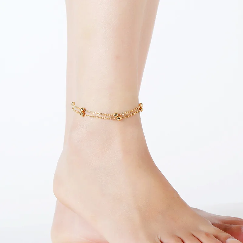 Simple Double Chain Bead Anklets Vintage Golden Link For Women Ankle Bracelet Fashion Beach Accessories Jewelry | Украшения и