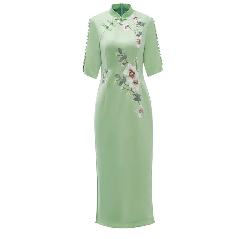 

Top Quality Brand Chinese Qipao Party Vintage Dresses Women Tunic Buttons Exquisite Embroidery Bodycon Sheath Dress Green Color