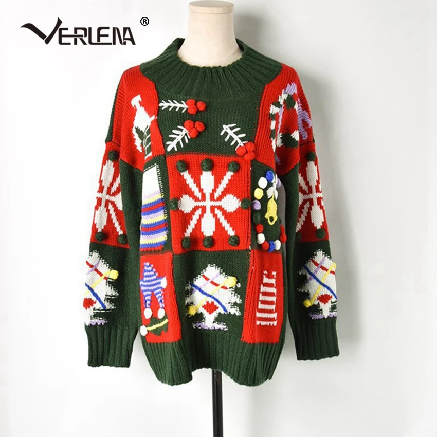Christmas Tree Ball Snowflake Bell Holiday Sweater Women New Long Sleeve O-Neck Oversized Jumper Chic Pullover VERLENA | Женская одежда