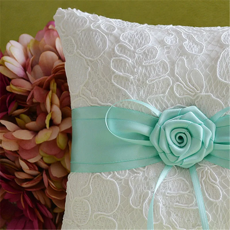 1 шт./лот лента шелк Тиффани синяя Роза кольцо Подушка квадратное кружево для
