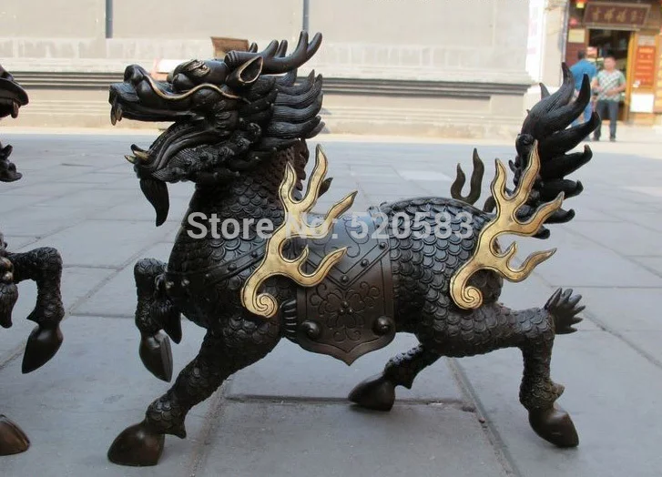Китайские из Чистой Бронзы Foo Dog Dragon Lion Fire kylin Lucky statue Pair | Дом и сад
