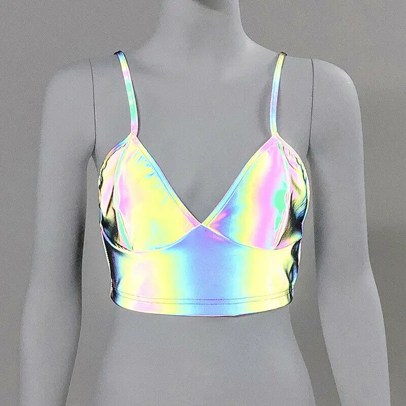 Женский сексуальный голографический Топ без косточек с v-образным вырезом, модный светоотражающий топ на бретелях, хит лета, безрукавка с открытой спиной