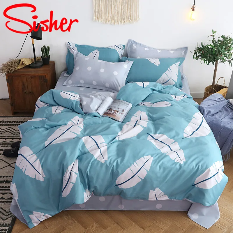 Blue2 Sisher Pastoral Green Leaf Print Duvet Cover Set Cotton Polyester Adult Comforter Bedding Sets Size Single Double Queen King - Цвет: Blue2