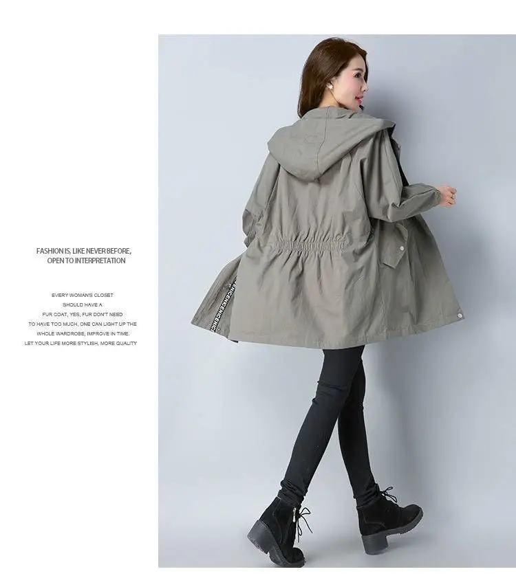 Vangull Women Trench Coat Female Long Sleeve Thin Hooded Wind Coat Autumn New Plus Size Loose Zipper Adjust Waist Outerwear