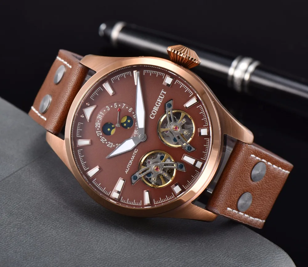 Corgeut 47 мм Чехол Мужские часы Скелет автоматические часы PVD запас хода Tourbillon Мужские механические часы мужские часы подарок