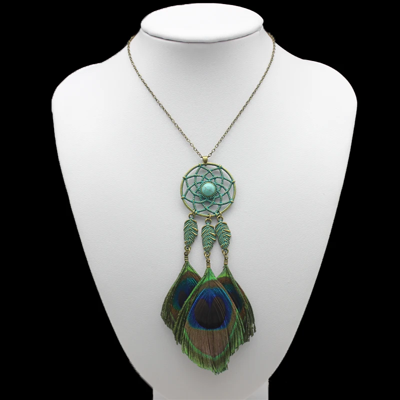 Длинная цепочка для свитера Ловец снов полые павлиньи перья креативное ожерелье