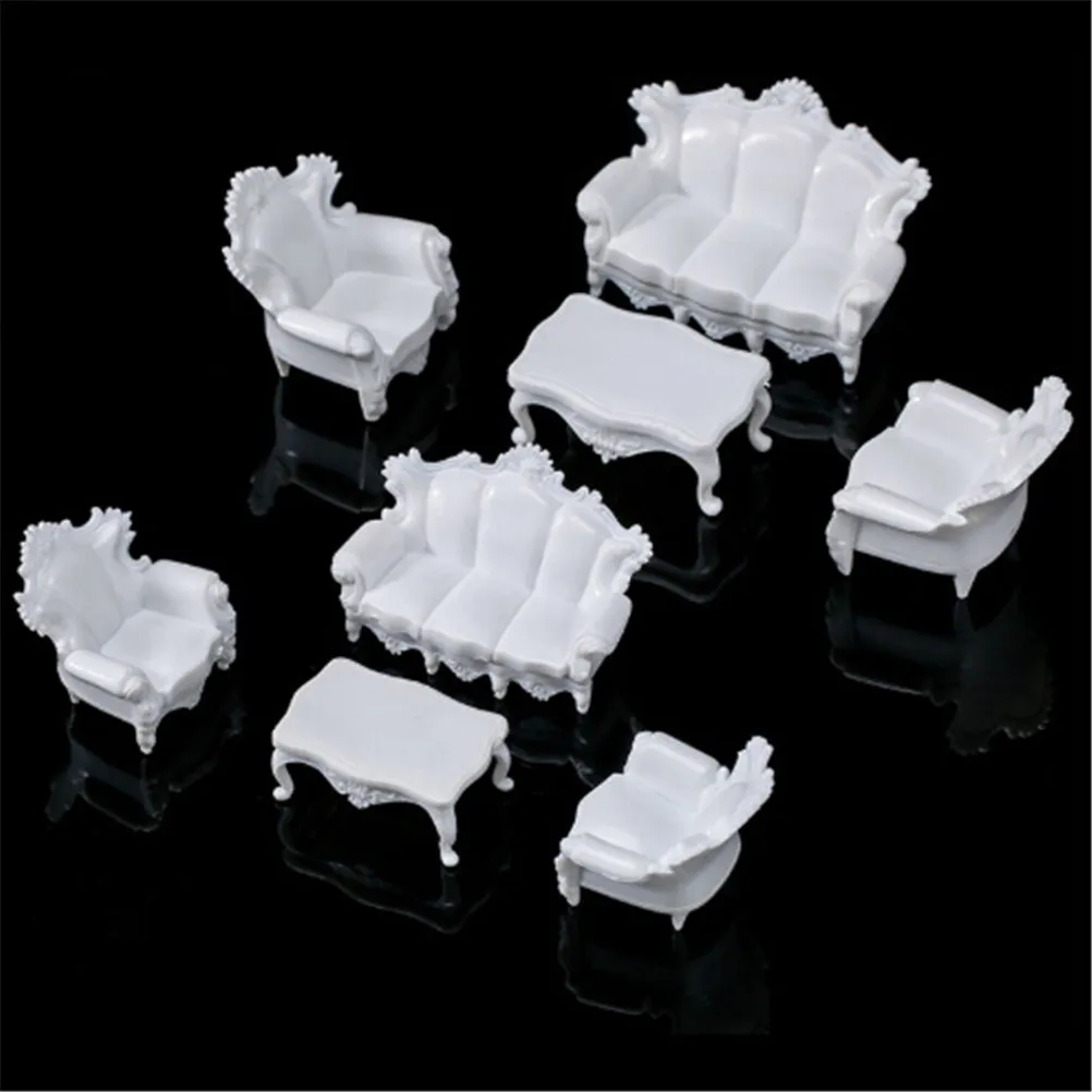 

4pcs Dolls Acce White DIY 1/25 Dollhouse Miniature Living Room Antique Sofa Set Tea Table Settee Model for Kids Gift Classic Toy