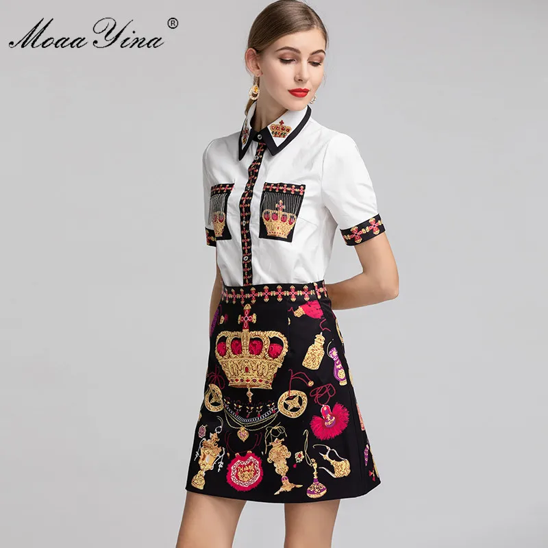 MoaaYina модельер Set Для женщин с коротким рукавом Бисер элегантные рубашки Топы +